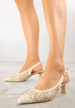 Beżowe Sandały na Szpilce Vices Slingback z Ażurową Cholewką Nilanira