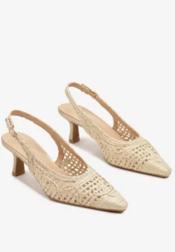 Beżowe Sandały na Szpilce Vices Slingback z Ażurową Cholewką Nilanira