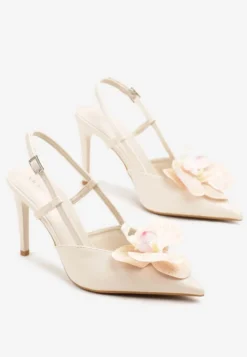 Beżowe Sandały na Szpilce Vices Slingback z Kwiatem 3D Koviano