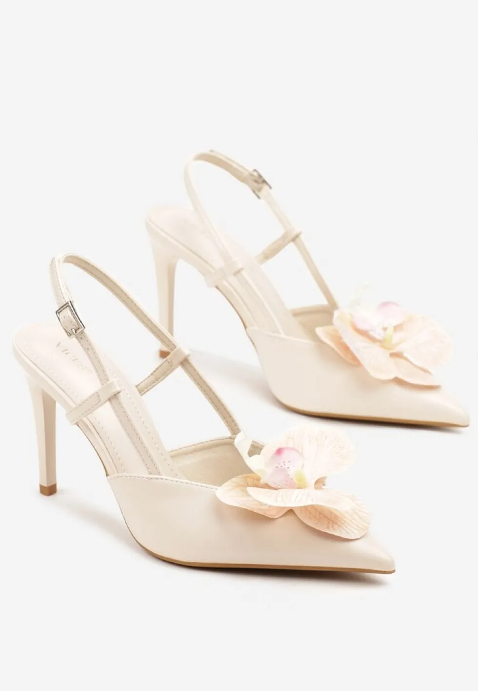 Beżowe Sandały na Szpilce Vices Slingback z Kwiatem 3D Koviano