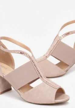 Beżowe Sandały Peep Toe z Ozdobnym Paskiem z Cyrkoniami Keile
