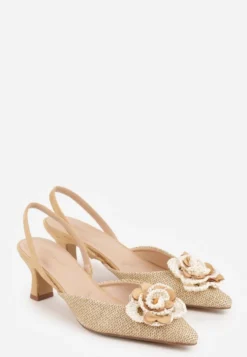 Beżowe Sandały Slingback na Kaczuszce z Tweedowymi Wstawkami i Kwiatem 3D Zehe