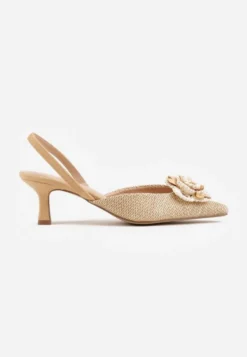 Beżowe Sandały Slingback na Kaczuszce z Tweedowymi Wstawkami i Kwiatem 3D Zehe