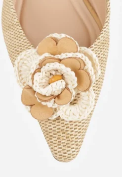 Beżowe Sandały Slingback na Kaczuszce z Tweedowymi Wstawkami i Kwiatem 3D Zehe