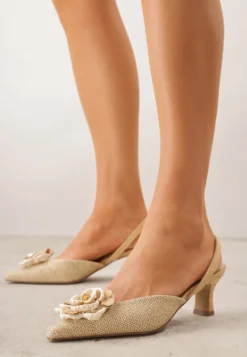 Beżowe Sandały Slingback na Kaczuszce z Tweedowymi Wstawkami i Kwiatem 3D Zehe