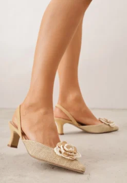 Beżowe Sandały Slingback na Kaczuszce z Tweedowymi Wstawkami i Kwiatem 3D Zehe