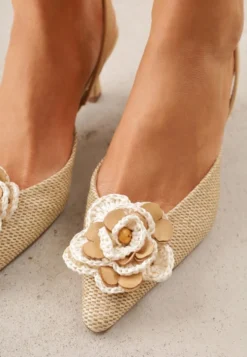 Beżowe Sandały Slingback na Kaczuszce z Tweedowymi Wstawkami i Kwiatem 3D Zehe