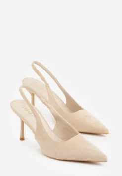 Beżowe Sandały Slingback na Szpilce z Imitacji Zamszu Carilona