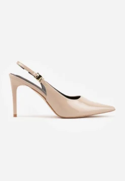 Beżowe Sandały Slingback na Szpilce z Lakierowanym Połyskiem i Aplikacją Phisvienne
