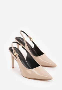 Beżowe Sandały Slingback na Szpilce z Lakierowanym Połyskiem i Aplikacją Phisvienne
