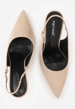 Beżowe Sandały Slingback na Szpilce z Lakierowanym Połyskiem i Aplikacją Phisvienne