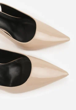 Beżowe Sandały Slingback na Szpilce z Lakierowanym Połyskiem i Aplikacją Phisvienne