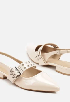 Beżowe Sandały Slingback ze Szpiczastym Noskiem i Paskiem z Klamerką Pollime