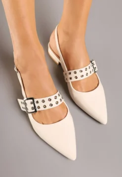 Beżowe Sandały Slingback ze Szpiczastym Noskiem i Paskiem z Klamerką Pollime