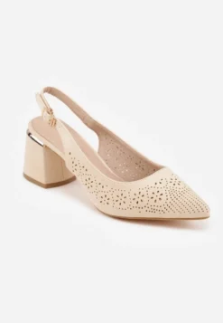 Beżowe Sandały Vices na Słupku Slingback ze Skórzaną Wkładką i Ażurowym Wzorem Iffinira