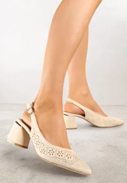 Beżowe Sandały Vices na Słupku Slingback ze Skórzaną Wkładką i Ażurowym Wzorem Iffinira