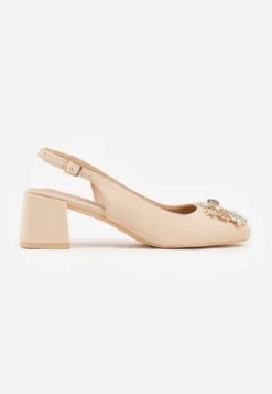 Beżowe Sandały Vices na Słupku Slingback ze Skórzaną Wkładką i Cyrkoniami Nimirune