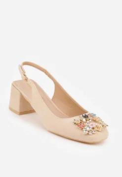 Beżowe Sandały Vices na Słupku Slingback ze Skórzaną Wkładką i Cyrkoniami Nimirune