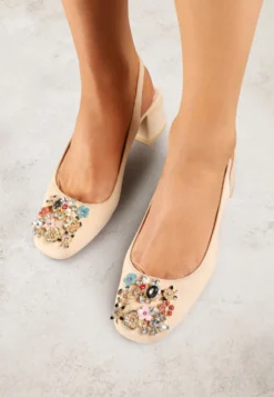 Beżowe Sandały Vices na Słupku Slingback ze Skórzaną Wkładką i Cyrkoniami Nimirune