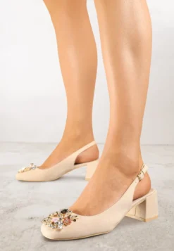 Beżowe Sandały Vices na Słupku Slingback ze Skórzaną Wkładką i Cyrkoniami Nimirune