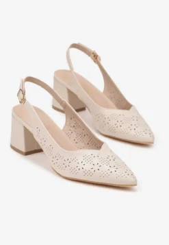 Beżowe Sandały Vices na Słupku Slingback z Ażurową Cholewką i Skórzaną Wkładką Tiranis