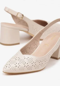 Beżowe Sandały Vices na Słupku Slingback z Ażurową Cholewką i Skórzaną Wkładką Tiranis