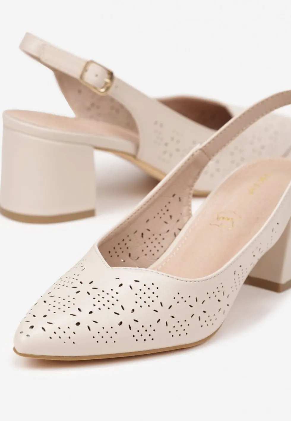 Beżowe Sandały Vices na Słupku Slingback z Ażurową Cholewką i Skórzaną Wkładką Tiranis