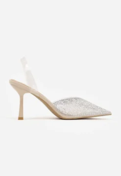 Beżowe Sandały Vices na Szpilce Slingback ze Skórzaną Wkładką i Cyrkoniami Ovifa