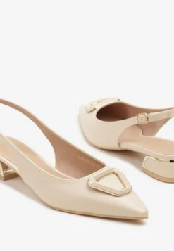 Beżowe Sandały Vices Typu Slingback na Niskim Obcasie Slingback ze Skórzaną Wkładką Geometryczną Ozdobą Lilienia