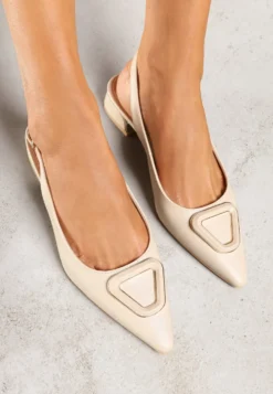 Beżowe Sandały Vices Typu Slingback na Niskim Obcasie Slingback ze Skórzaną Wkładką Geometryczną Ozdobą Lilienia