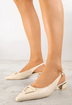Beżowe Sandały Vices Typu Slingback na Niskim Obcasie Slingback ze Skórzaną Wkładką Geometryczną Ozdobą Lilienia
