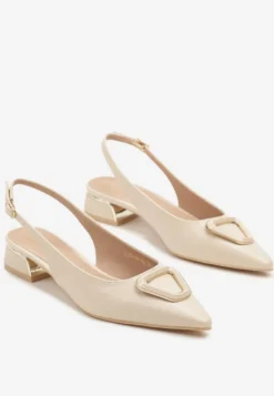 Beżowe Sandały Vices Typu Slingback na Niskim Obcasie Slingback ze Skórzaną Wkładką Geometryczną Ozdobą Lilienia