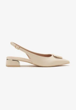 Beżowe Sandały Vices Typu Slingback na Niskim Obcasie Slingback ze Skórzaną Wkładką Geometryczną Ozdobą Lilienia