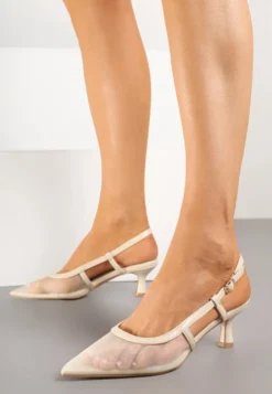 Beżowe Siateczkowe Sandały Slingback na Niskim Obcasie Syltewi