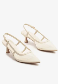 Beżowe Siateczkowe Sandały Slingback na Niskim Obcasie Syltewi