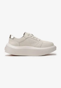 Beżowe Skórzane Sneakersy na Grubej Podeszwie przed Kostkę Olerassa