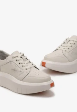 Beżowe Skórzane Sneakersy na Grubej Podeszwie przed Kostkę Olerassa