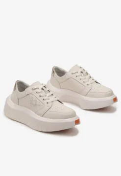 Beżowe Skórzane Sneakersy na Grubej Podeszwie przed Kostkę Olerassa