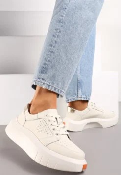 Beżowe Skórzane Sneakersy na Grubej Podeszwie przed Kostkę Olerassa