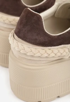 Beżowe Skórzane Sneakersy na Platformie z Aplikacją i Plecionym Paskiem Kaphophai