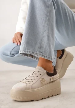 Beżowe Skórzane Sneakersy na Platformie z Aplikacją i Plecionym Paskiem Kaphophai