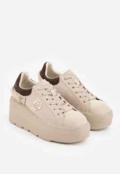 Beżowe Skórzane Sneakersy na Platformie z Aplikacją i Plecionym Paskiem Kaphophai