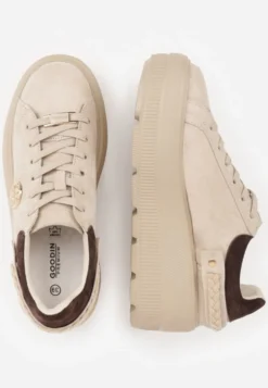Beżowe Skórzane Sneakersy na Platformie z Aplikacją i Plecionym Paskiem Kaphophai
