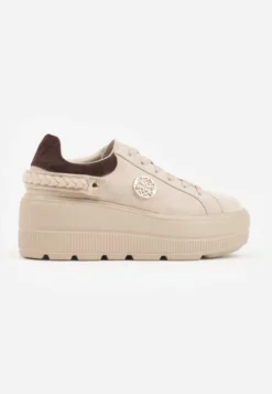 Beżowe Skórzane Sneakersy na Platformie z Aplikacją i Plecionym Paskiem Kaphophai