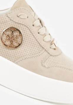 Beżowe Skórzane Sneakersy na Platformie z Metaliczną Aplikacją Idapheosis