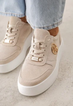 Beżowe Skórzane Sneakersy na Platformie z Metaliczną Aplikacją Idapheosis