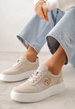 Beżowe Skórzane Sneakersy na Platformie z Metaliczną Aplikacją Idapheosis