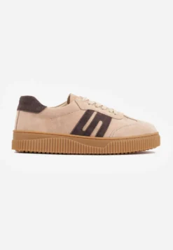 Beżowe Skórzane Sneakersy w Stylu Tenisówek z Geometrycznym Wzorem Halossea