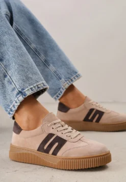 Beżowe Skórzane Sneakersy w Stylu Tenisówek z Geometrycznym Wzorem Halossea