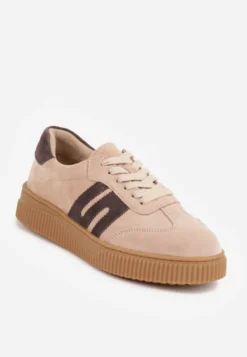Beżowe Skórzane Sneakersy w Stylu Tenisówek z Geometrycznym Wzorem Halossea